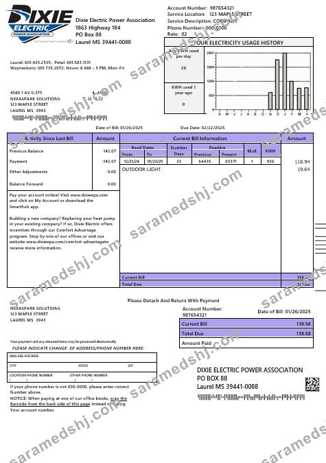 USA Mississipi Dixie Electric business utility bill template in Word and PDF formats